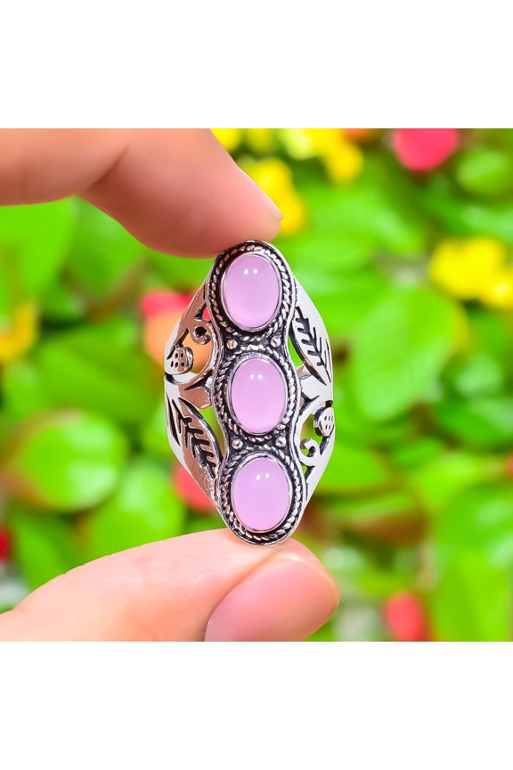 Natural Pink Chalcedony Gemstone 925 Sterling Silver Ring Size 10.25
