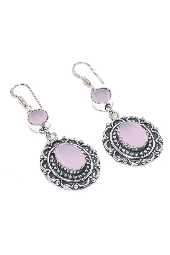 Natural Pink Chalcedony Gemstone Handmade 925 Sterling Silver Earring 2.36"