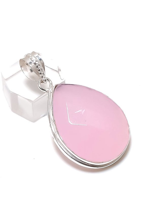 Natural Pink Chalcedony Gemstone Handmade 925 Sterling Silver Pendant 1.85"