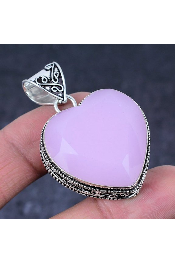 Natural Pink Chalcedony Gemstone Handmade 925 Sterling Silver Pendant 1.89"