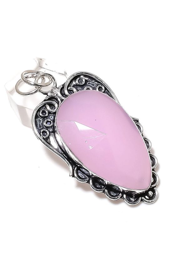 Natural Pink Chalcedony Gemstone Handmade 925 Sterling Silver Pendant 2.52"