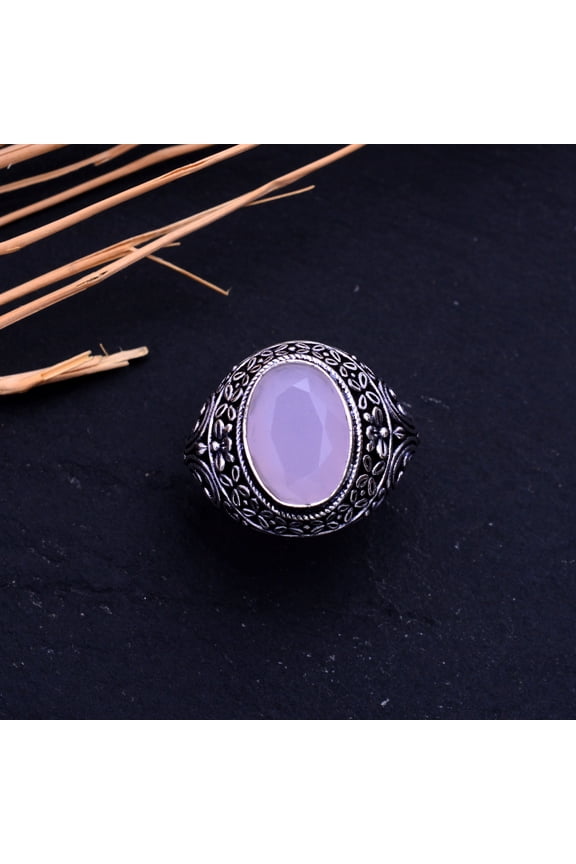 Natural Pink Chalcedony Gemstone Handmade 925 Sterling Silver Ring Size 9
