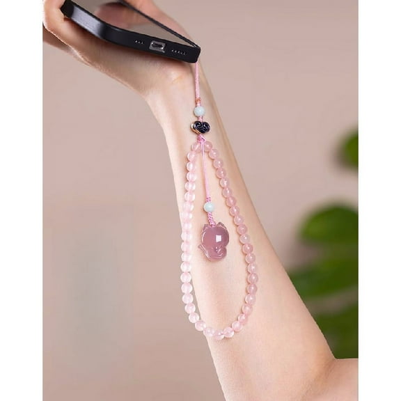 Pink Crystal Mobile Phone Lanyard Beaded Wrist Strap Chalcedony Stone Fox Shape Pendant Hanging Ornament Mobile Phone Charm