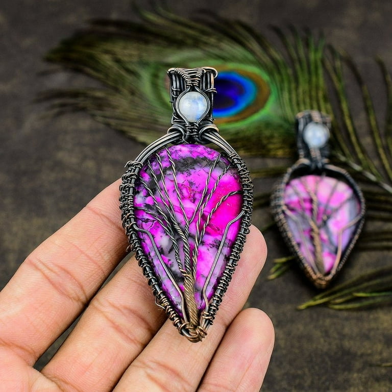 Natural Pink Dendritic, Moonstone Gemstone Copper Wire Wrap