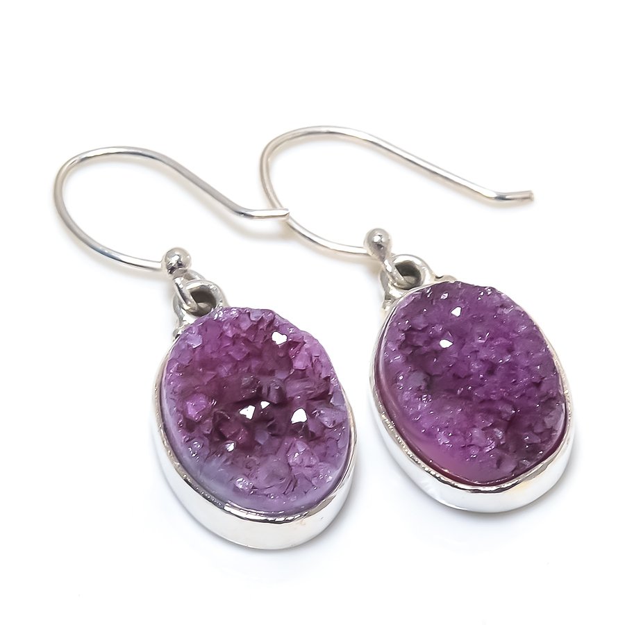 DIVINESILVERUSAINC Natural Pink Druzy Quartz Gemstone 925 Solid Sterling Silver Earring 1.25"