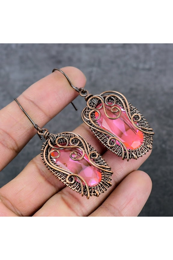 Natural Pink Kunzite Copper Wire Wrap Gift Jewelry Earring 2.76"