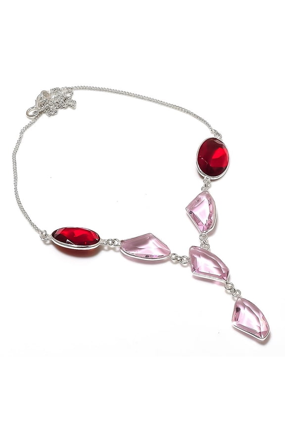 Natural Pink Kunzite, Garnet 925 Sterling Silver Jewelry Necklace 18"