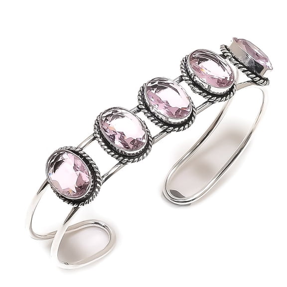 Natural Pink Kunzite Gemstone 925 Sterling Silver Cuff Bangle Adjustable