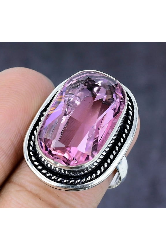 Natural Pink Kunzite Gemstone Handmade 925 Steling Silver Ring Size 7.5