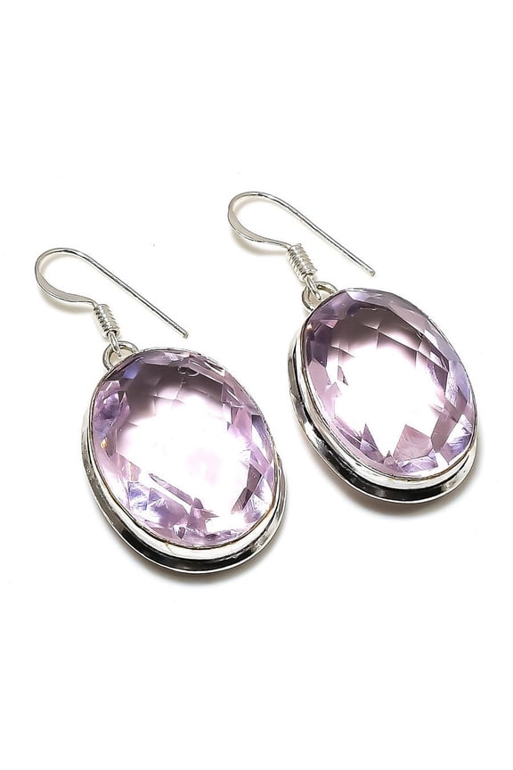 Natural Pink Kunzite Gemstone Handmade 925 Sterling Silver Earring 1.73"