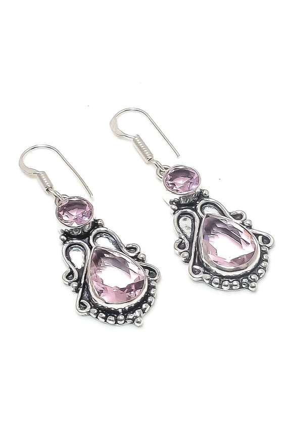 Natural Pink Kunzite Gemstone Handmade 925 Sterling Silver Earring 1.97"