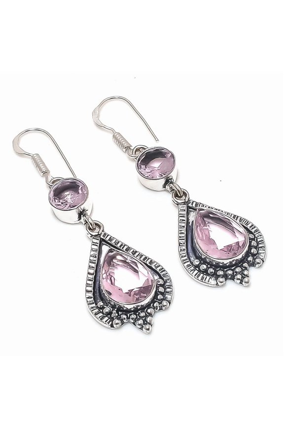 Natural Pink Kunzite Gemstone Handmade 925 Sterling Silver Earring 2.36"