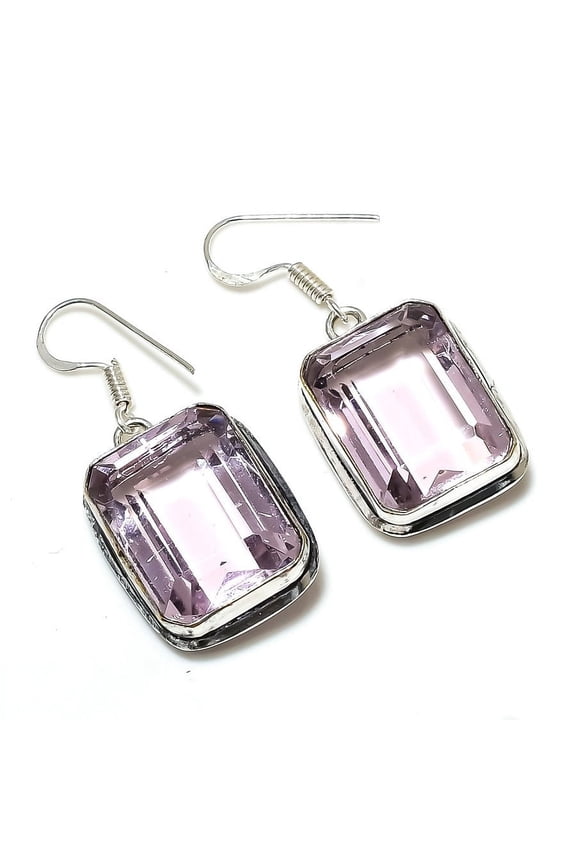 Natural Pink Kunzite Gemstone Handmade 925 Sterling Silver Jewelry Earring 1.58"