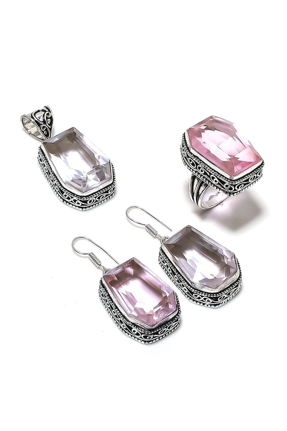 Natural Pink Kunzite Gemstone Handmade 925 Sterling Silver Jewelry Set