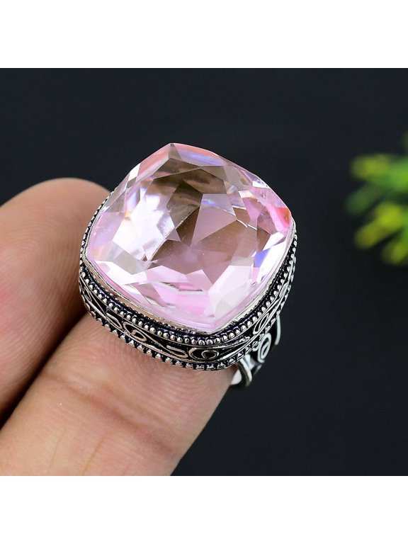 Natural Pink Kunzite Gemstone Handmade 925 Sterling Silver Ring Size 7.5