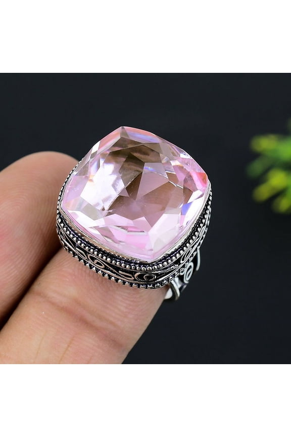 Natural Pink Kunzite Gemstone Handmade 925 Sterling Silver Ring Size 7.5