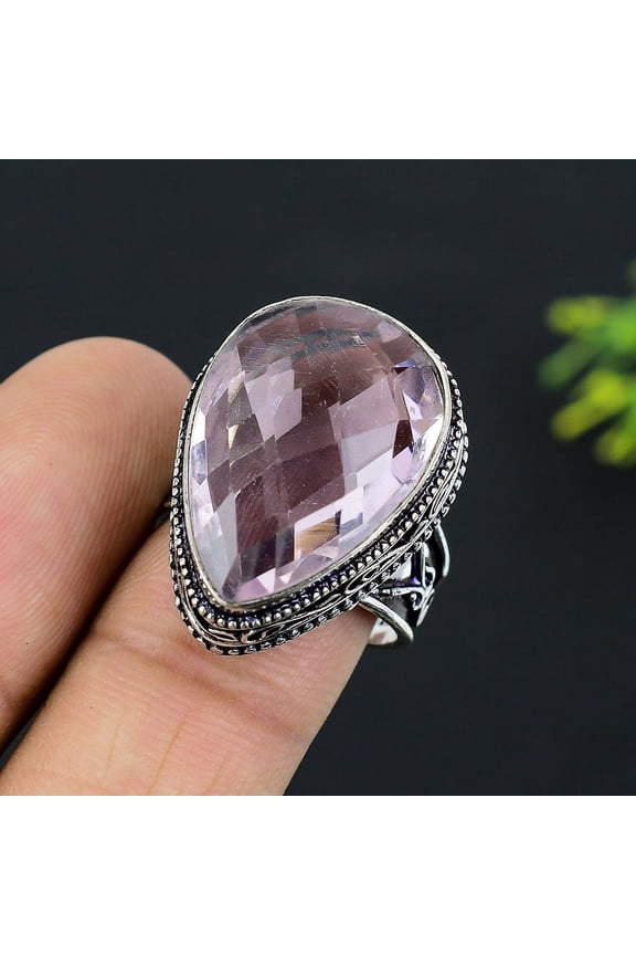 Natural Pink Kunzite Gemstone Handmade 925 Sterling Silver Ring Size 9