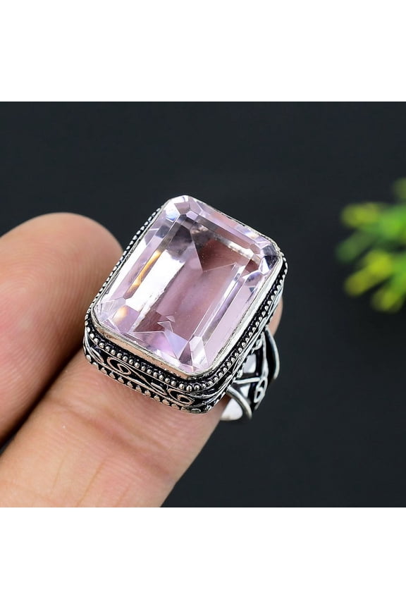 Natural Pink Kunzite Gemstone Handmade 925 Sterling Silver Ring Size 9
