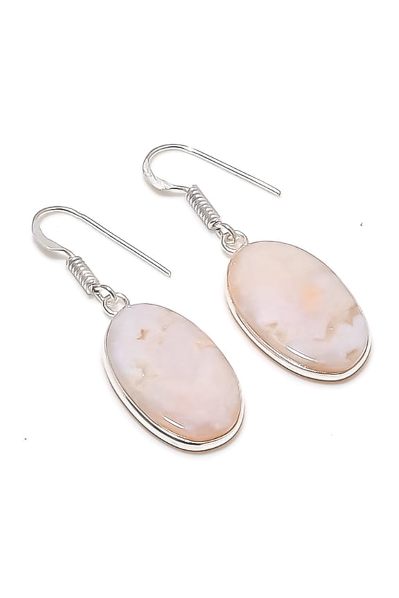 Natural Pink Opal Gemstone 925 Sterling Silver Jewelry Earring 1.58"