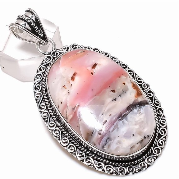 Natural Pink Opal Gemstone 925 Sterling Silver Jewelry Pendant 2.68"