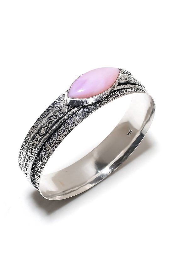 Natural Pink Opal Gemstone Handmade 925 Sterling Silver Cuff Bangle 7.5"