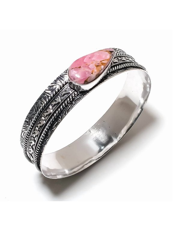 Natural Pink Opal Gemstone Handmade 925 Sterling Silver Cuff Bangle 7.5"