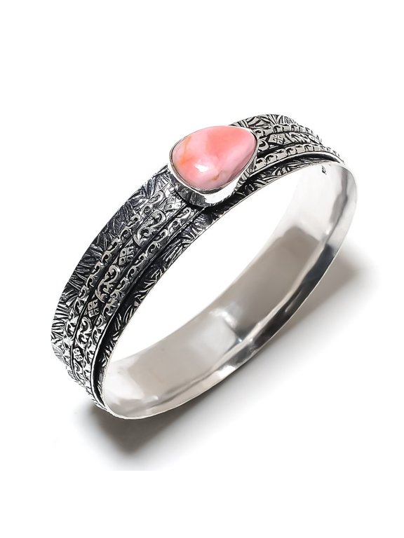 Natural Pink Opal Gemstone Handmade 925 Sterling Silver Cuff Bangle 7.5"
