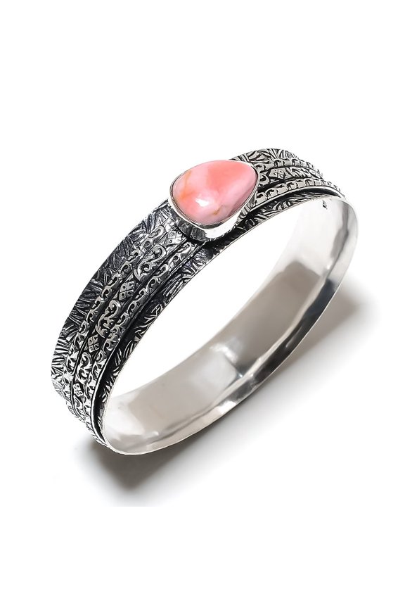 Natural Pink Opal Gemstone Handmade 925 Sterling Silver Cuff Bangle 7.5"