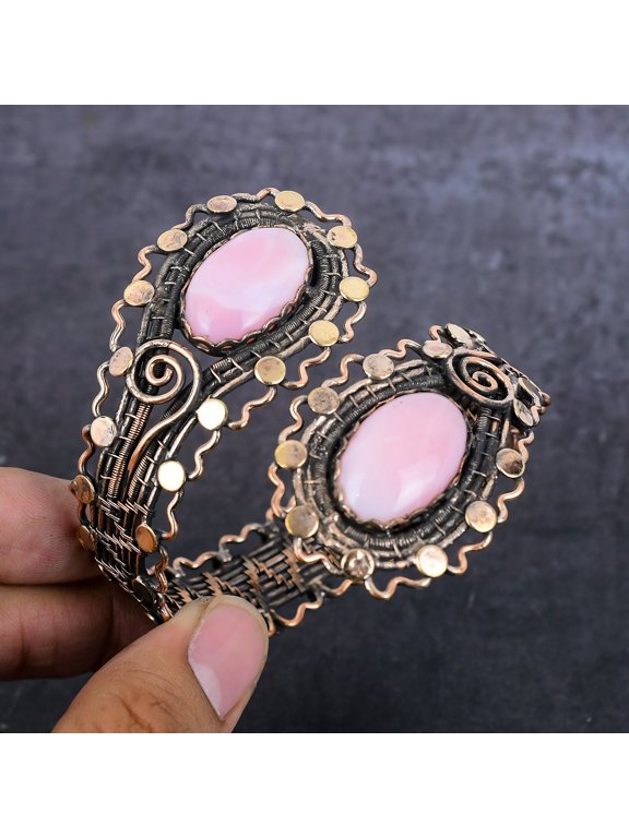 Natural Pink Opal Gemstone Handmade Copper Wire Wrap Cuff Bangle Adjustable