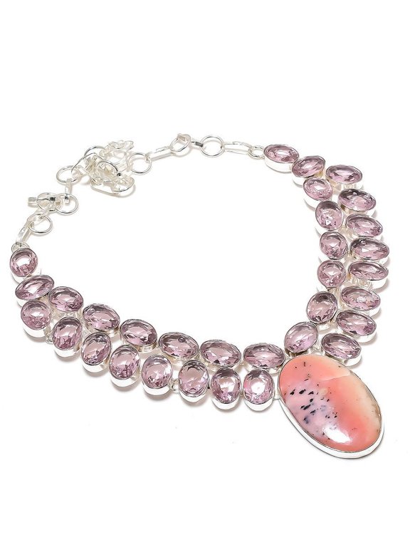 Natural Pink Opal,Kunzite Handmade 925 Sterling Silver Jewelry Necklace 18"