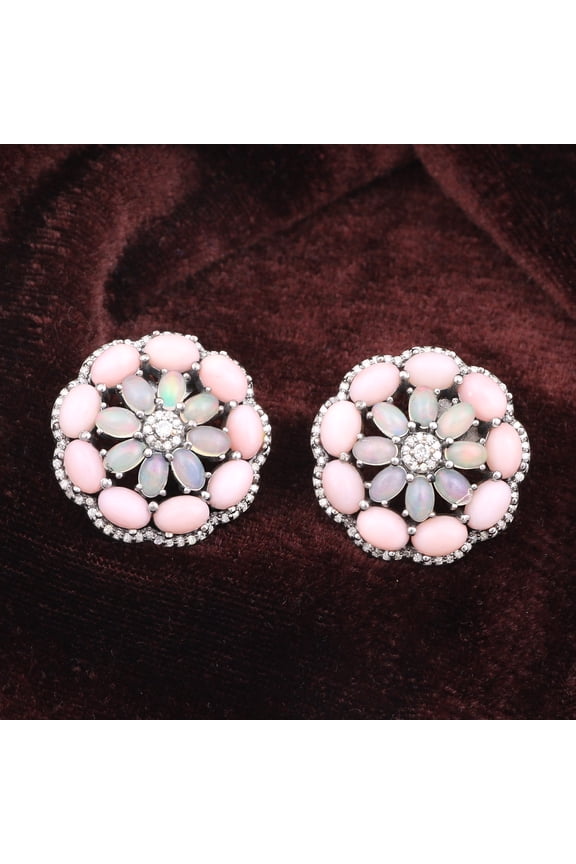 Natural Pink Opal Opal,Diamond Gemstone 925 Sterling Silver Earrings