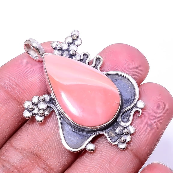 Natural Pink Opal Oxidised Designer 925 Sterling Silver Pendant 1.64" P2