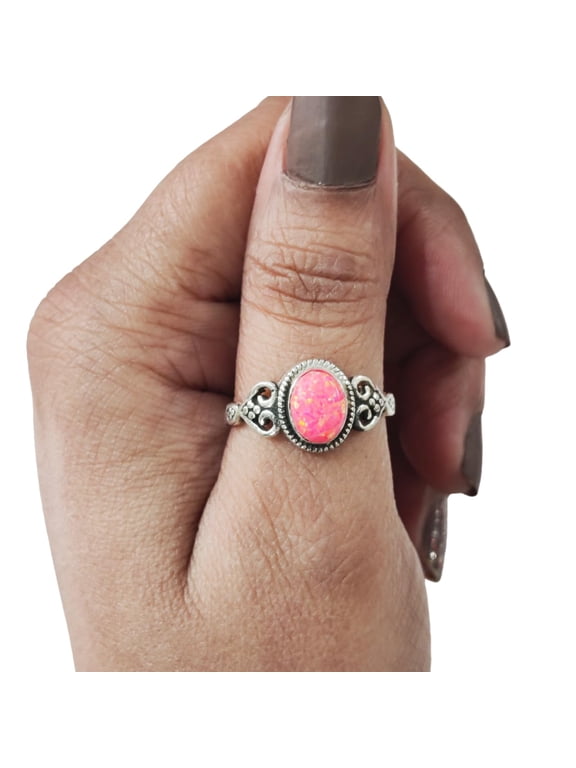 Natural Pink Opal Ring, Pink Opal Gemstone Ring, Tiny Bohemian Ring, 925 Sterling Silver, Designer Womens Ring, Christmas Thanksgiving, Handmade Statement Jewelry, Natural Pink Opal