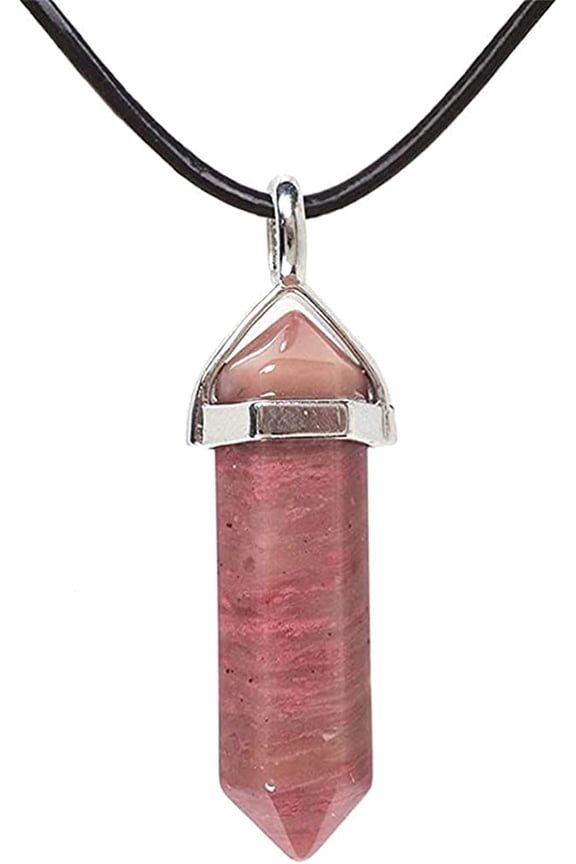 Natural Pink Rhodonite Gemstone Hexagonal Pointed Reiki Chakra Pendant Genuine Leather Necklace 18 Inch