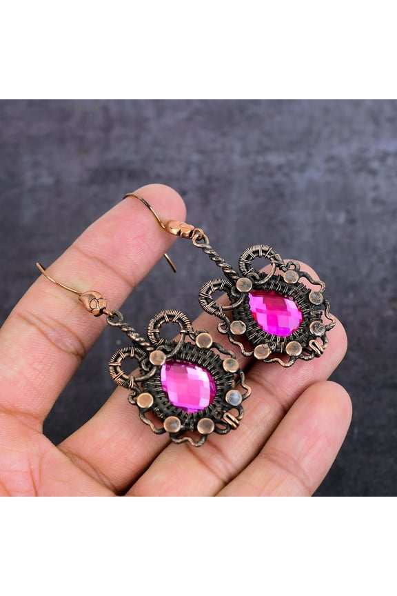 Natural Pink Rubillite Gemstone Copper Wire Wrap Jewelry Earring 2.68"