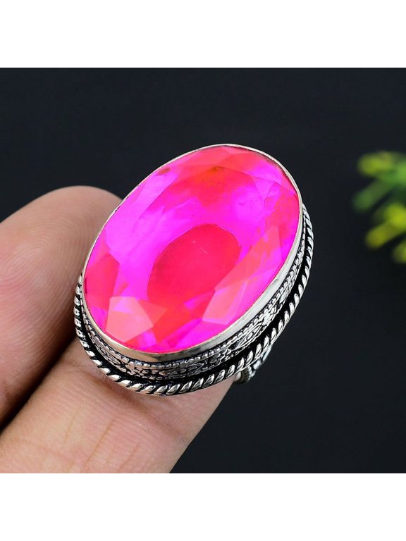 Natural Pink Rubillite Gemstone Handmade 925 Sterling Silver Ring Size 7