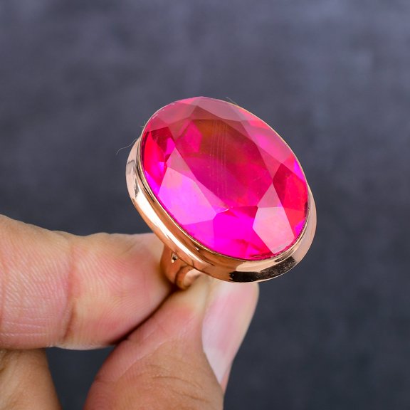Natural Pink Rubillite Gemstone Handmade Copper Jewelry Ring Size 8