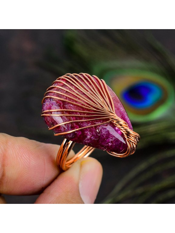 Natural Pink Solar Quartz Gemstone Copper Wire Wrap Gift Ring Size 9.5