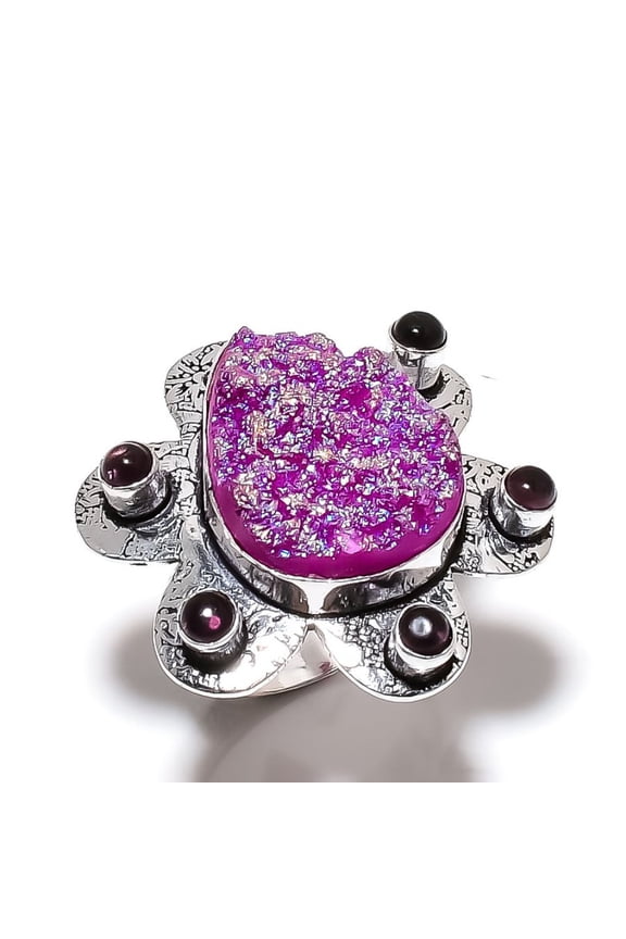 Natural Pink Titanium Druzy, Amethyst Gemstone 925 Sterling Silver Ring S.7