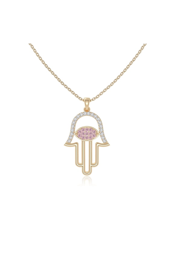 Natural Pink Tourmaline Evil Eye-Hamsa Hand Pendant Necklaces for Women in 18K Yellow Gold Vermeil, October Birthstone Jewelry Gifts for Her Birthday, Anniversary, Mothers Day,Graduation, Valentines