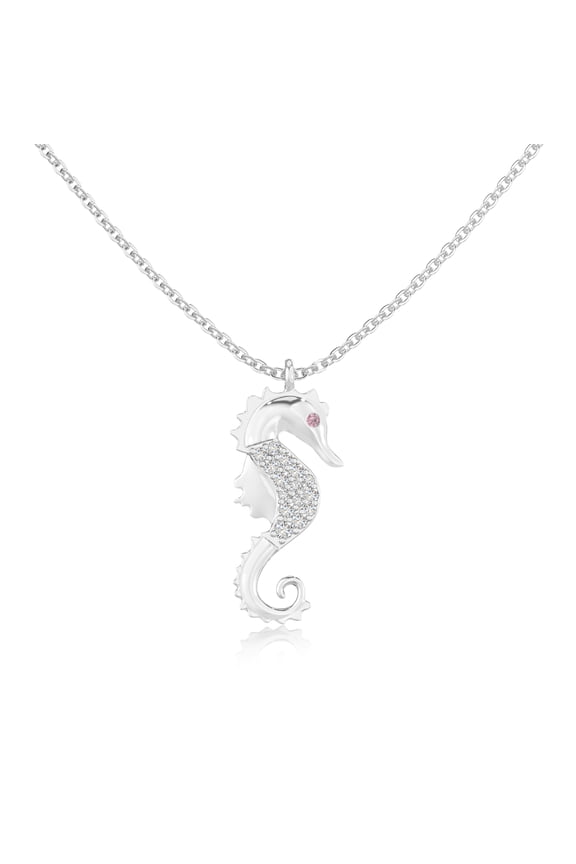 Natural Pink Tourmaline with Moissanite Sea Horse Pendant Necklaces for Women in Sterling Silver, October Birthstone Jewelry Gifts for Her Birthday, Wedding Anniversary, Party, Christmas, Mothers Day