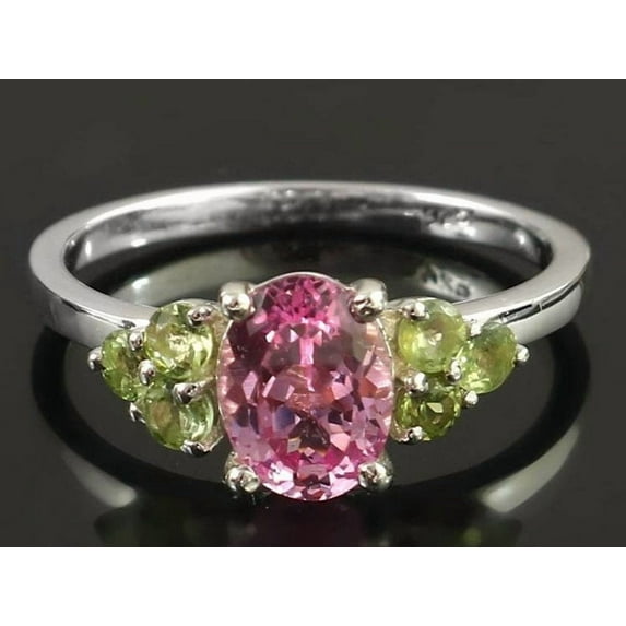Natural Pink Tourmaline Wedding Ring Peridot Vintage Ring Cluster Pink Tourmaline Engagement Ring 925Sterling Silver statement Ring For Her.