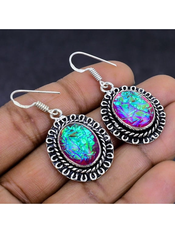 Natural Pink Triplet Opal Gemstone 925 Sterling Silver Earring 1.69"
