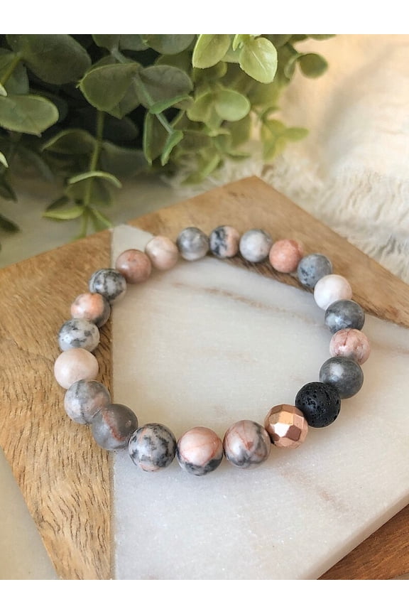 Natural Pink Zebra Jasper with Lava Stone 8mm Round Shape smooth Cut Beads Stretchable Bracelet for Men & Women.
