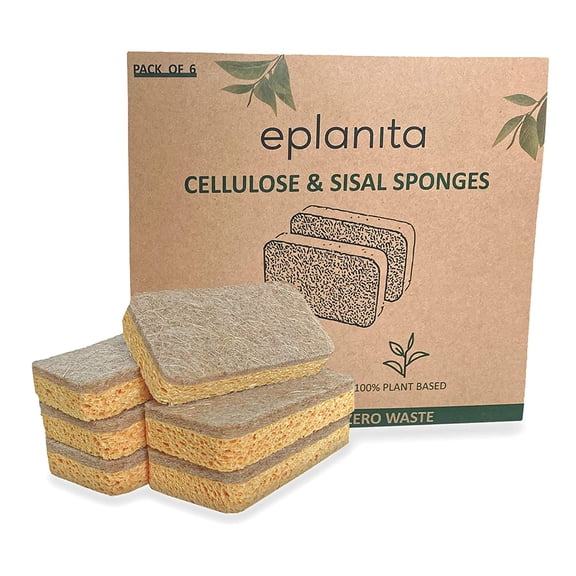 Natural Plant Based Scrub Sponges (6 Pack), Non-Scratch, Biodegradable Eco Scourers for Kitchen and Bathroom