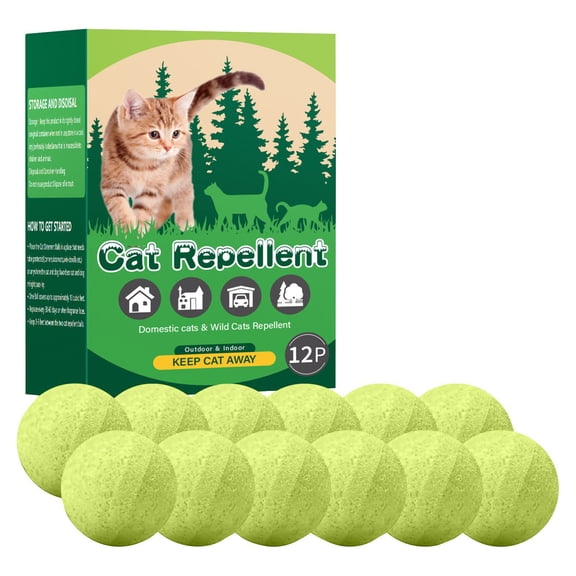 Natural Plant Essential Oil Cat Repellent Balls, Indoor & Outdoor Cat Deterrent Repeller, Non-Toxic Keep Stray & Domestic Cats Away for Yard, Garden, Garage & Home Protection, 12 Count,Yellow