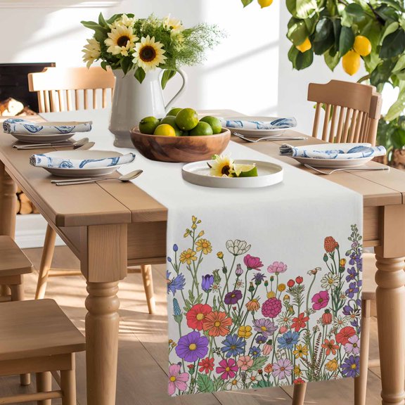 Natural Plant Farm Flowers Grass Table Runner-90 Inch Long Blossom Botanical Table Runners Linen Burlap Tablerunner for Kitchen Dining Room Holiday Party