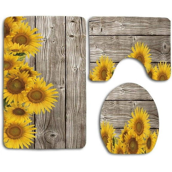 Natural Plant Sunflowers with Leaves on Wooden 3pcs Set Rugs Skidproof Toilet Seat Cover Bath Mat Lid Cover Cushions Pads