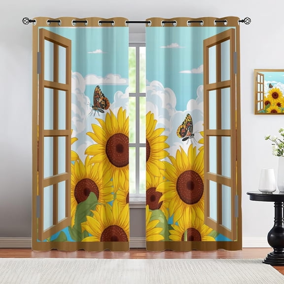 Natural Plants Sunflower Curtains, Blue Sky White Clouds Window Scenery Curtains Light Blocking Apply To Living Room Bedroom Boys Room Girls Room Kitchen Bathroom 42"W x 63"L (Pack of 2)
