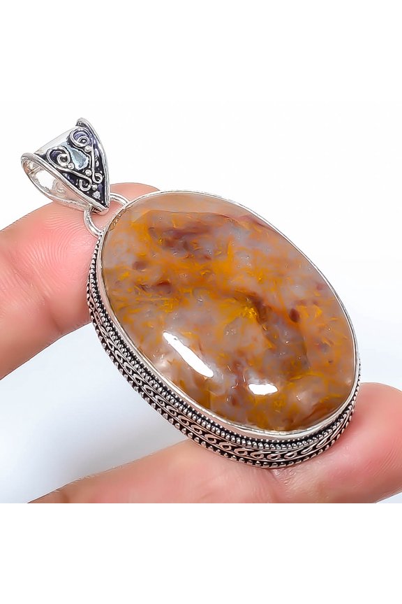 Natural Plume Agate Gemstone 925 Sterling Silver Fine Art Pendant2.34", Agate Pendant, Gemstone Pendant
